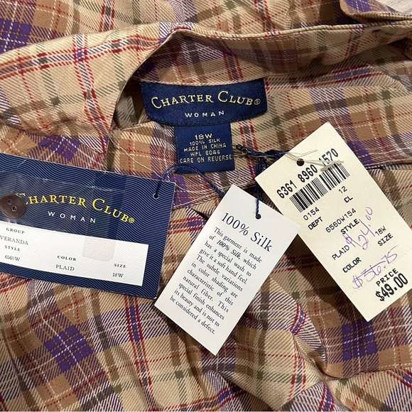 NWT Vintage Charter Club Short Sleeve Top Plaid 100% Silk Button Back Size 18 - Picture 6 of 7
